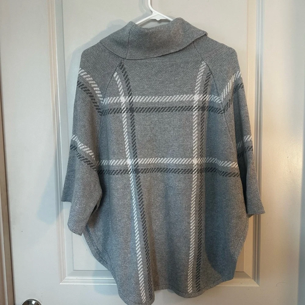 NEW Loft Grey Cotton Blend Plaid 3/4 Sleeve Cape Poncho Cowl Neck Sweater, XS/S